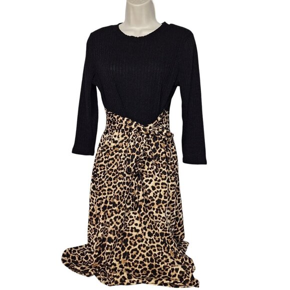 Reb In J. 220 Sheath Dress Size Large Black Brown Leopard Cheetah Print Sash - Picture 1 of 4